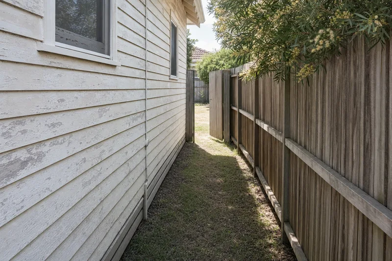 A narrow grassed side passage between a weatherboard house and a timber fence, the side gate open to the backyard — tight access excavation, Central Coast. Illustrative example.