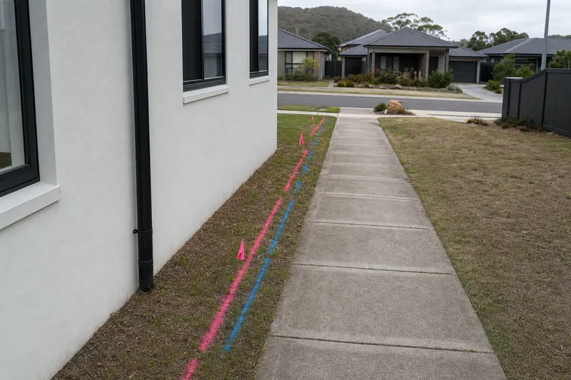 Pink and blue utility marking paint and small flags running along a lawn beside a house wall and a concrete path — trenching, Central Coast. Illustrative example.