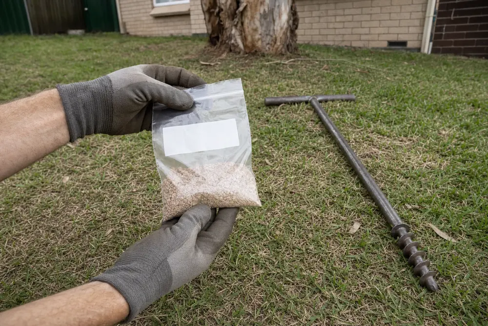 Gloved hands holding a clear sample bag of pale crumbly soil above a backyard lawn, a hand auger lying on the grass — soil sample taken before excavation, Central Coast. Illustrative example.