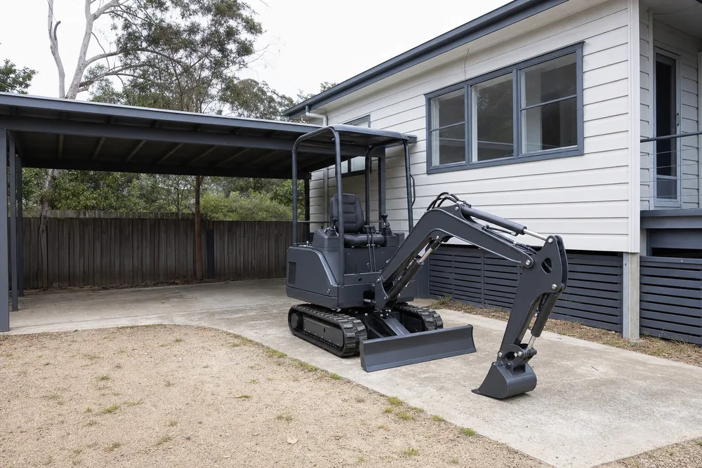 An unbranded dark-grey mini excavator parked on a concrete driveway beside a carport, nobody in the seat — excavator & bobcat hire, Central Coast. Illustrative example.