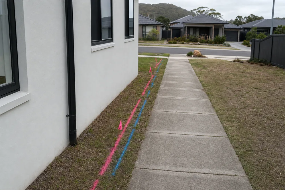 Pink and blue utility marking paint and small flags running along a lawn beside a house wall and a concrete path — trenching, Central Coast. Illustrative example.