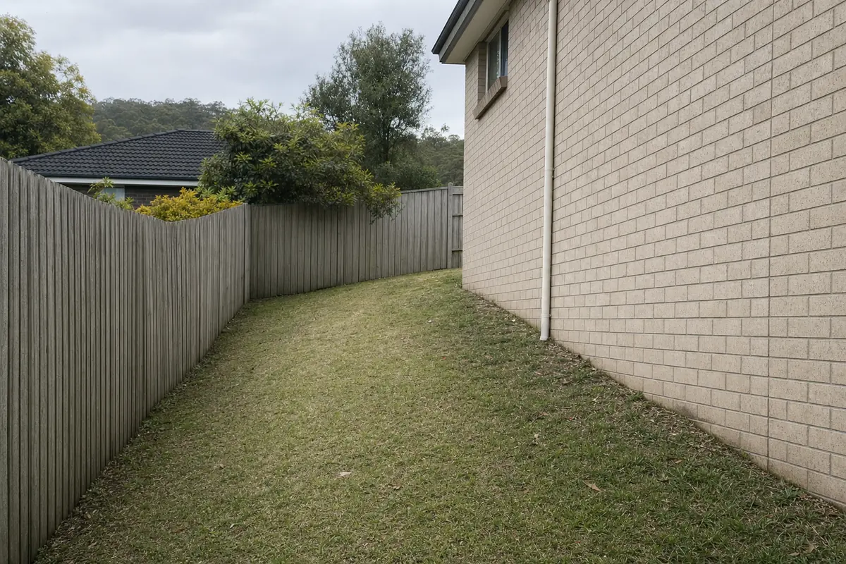 A sloping grassed strip between a neighbouring house wall and a timber boundary fence — excavation, Central Coast. Illustrative example.
